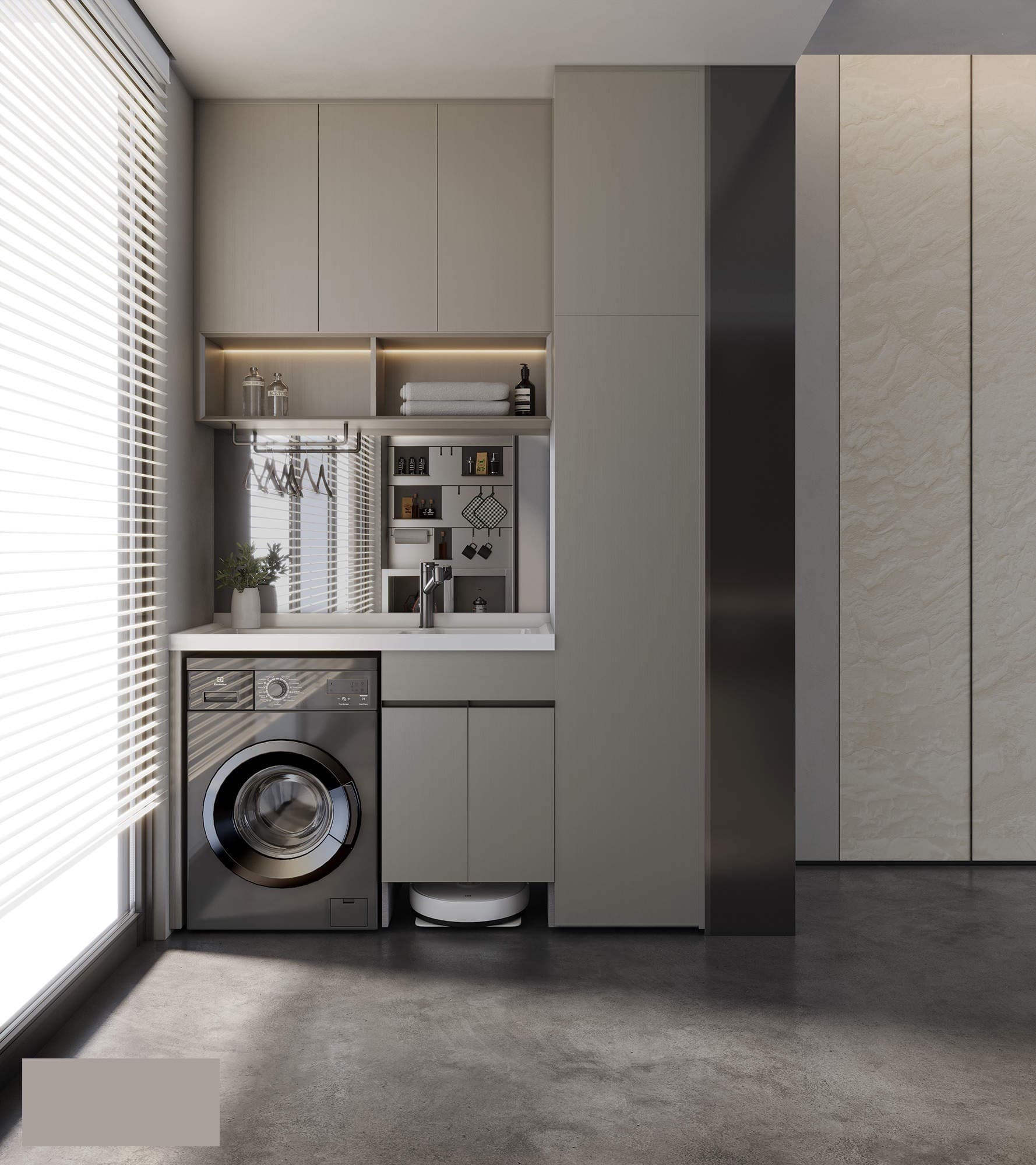 Suofeiya laundry room cabinetry with a built-in washer, sink and tall storage