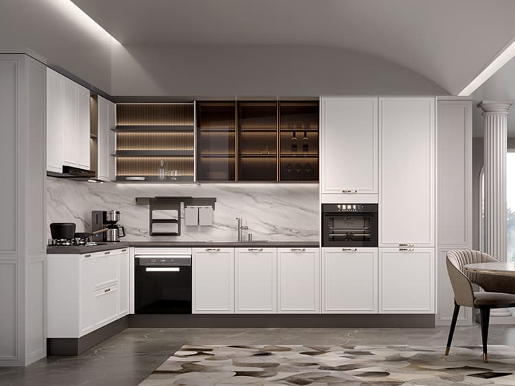 Classic white shaker kitchen with glass cabinets