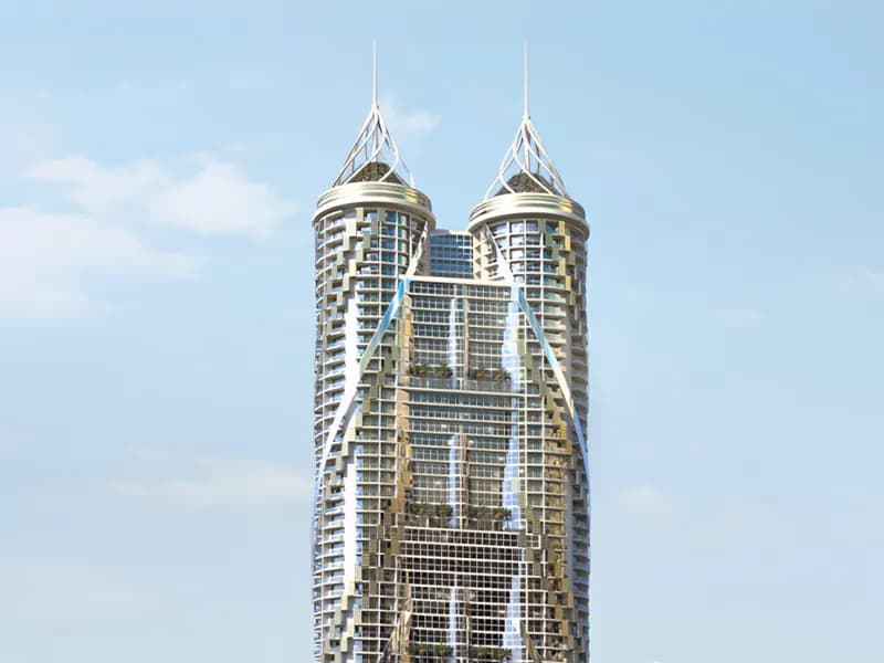 Twin residential towers with ornamental crown spires