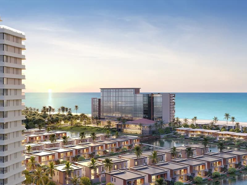 Beachfront resort — hotel tower, pool villas, and ocean view